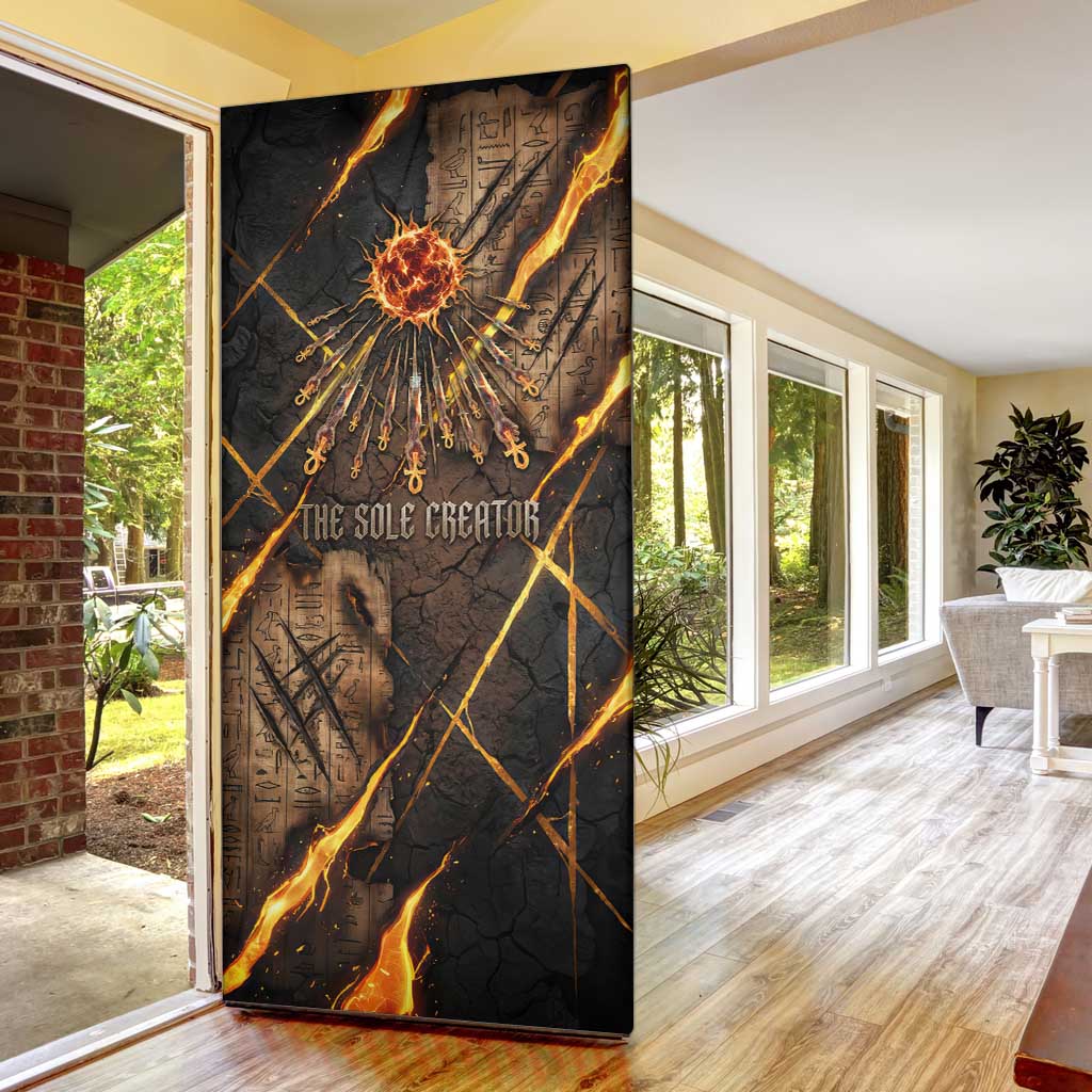 Aten Door Cover Ancient Egyptian Cracked Stone Hieroglyph, Solar Eclipse Emblem, and Radiant Sunburst - African Pride