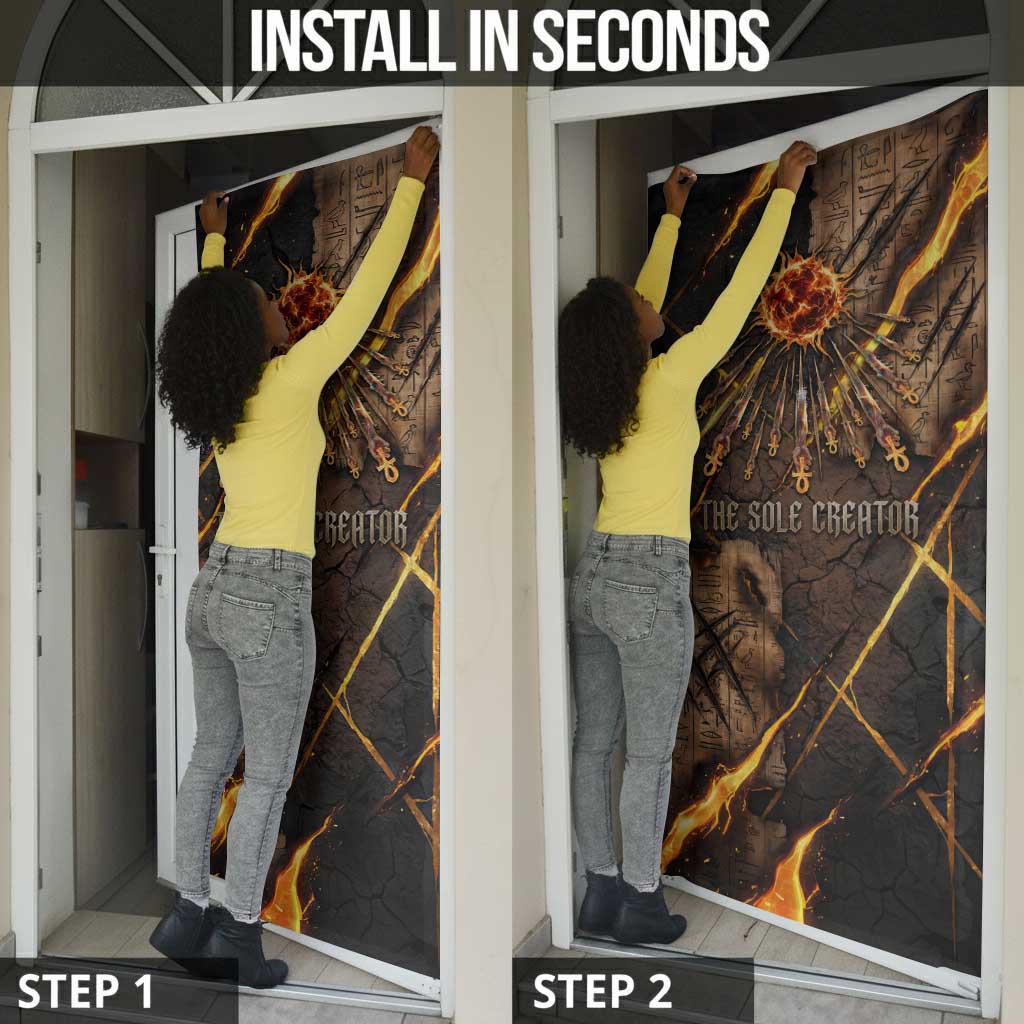 Aten Door Cover Ancient Egyptian Cracked Stone Hieroglyph, Solar Eclipse Emblem, and Radiant Sunburst - African Pride
