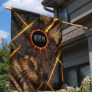 Aten Garden Flag Ancient Egyptian Cracked Stone Hieroglyph, Solar Eclipse Emblem, and Radiant Sunburst - African Pride