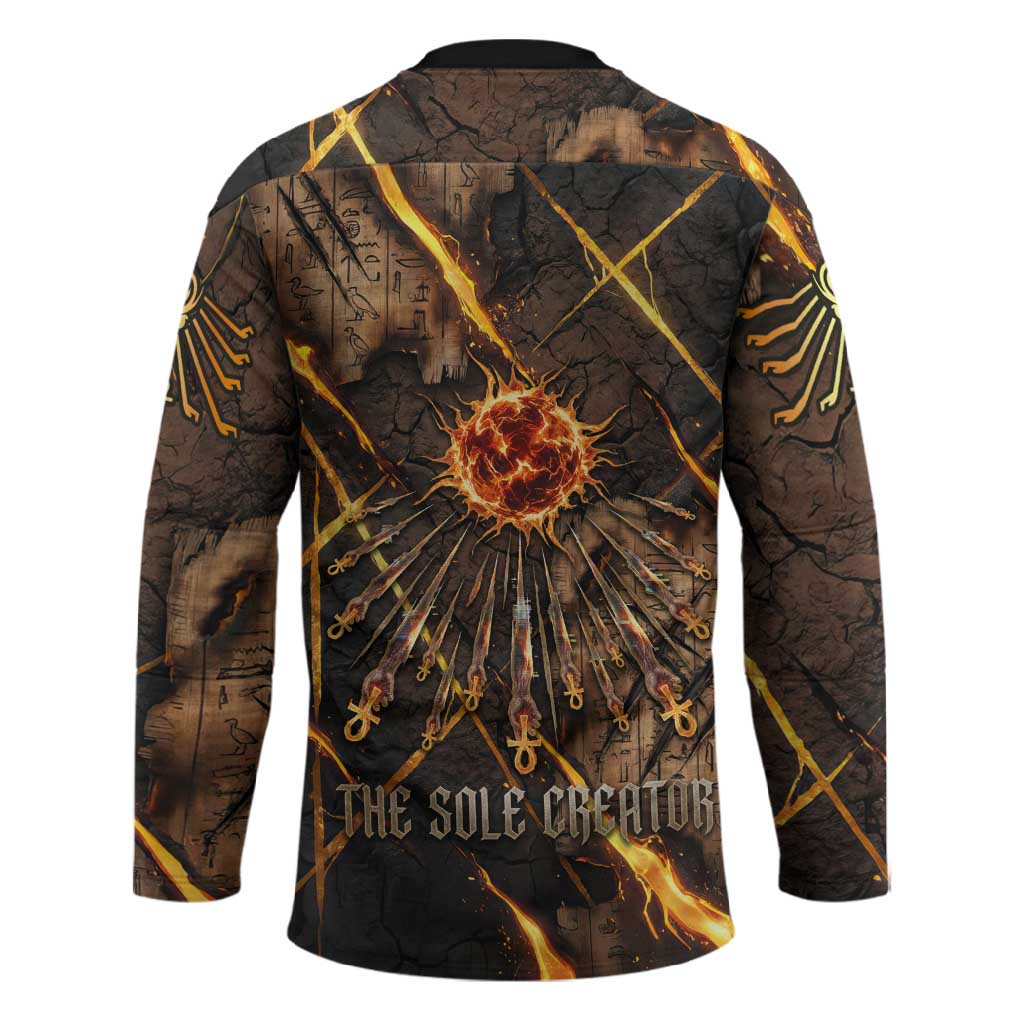 Aten Hockey Jersey Ancient Egyptian Cracked Stone Hieroglyph, Solar Eclipse Emblem, and Radiant Sunburst - African Pride