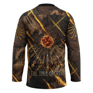 Aten Hockey Jersey Ancient Egyptian Cracked Stone Hieroglyph, Solar Eclipse Emblem, and Radiant Sunburst - African Pride