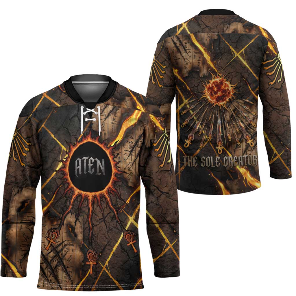 Aten Hockey Jersey Ancient Egyptian Cracked Stone Hieroglyph, Solar Eclipse Emblem, and Radiant Sunburst - African Pride