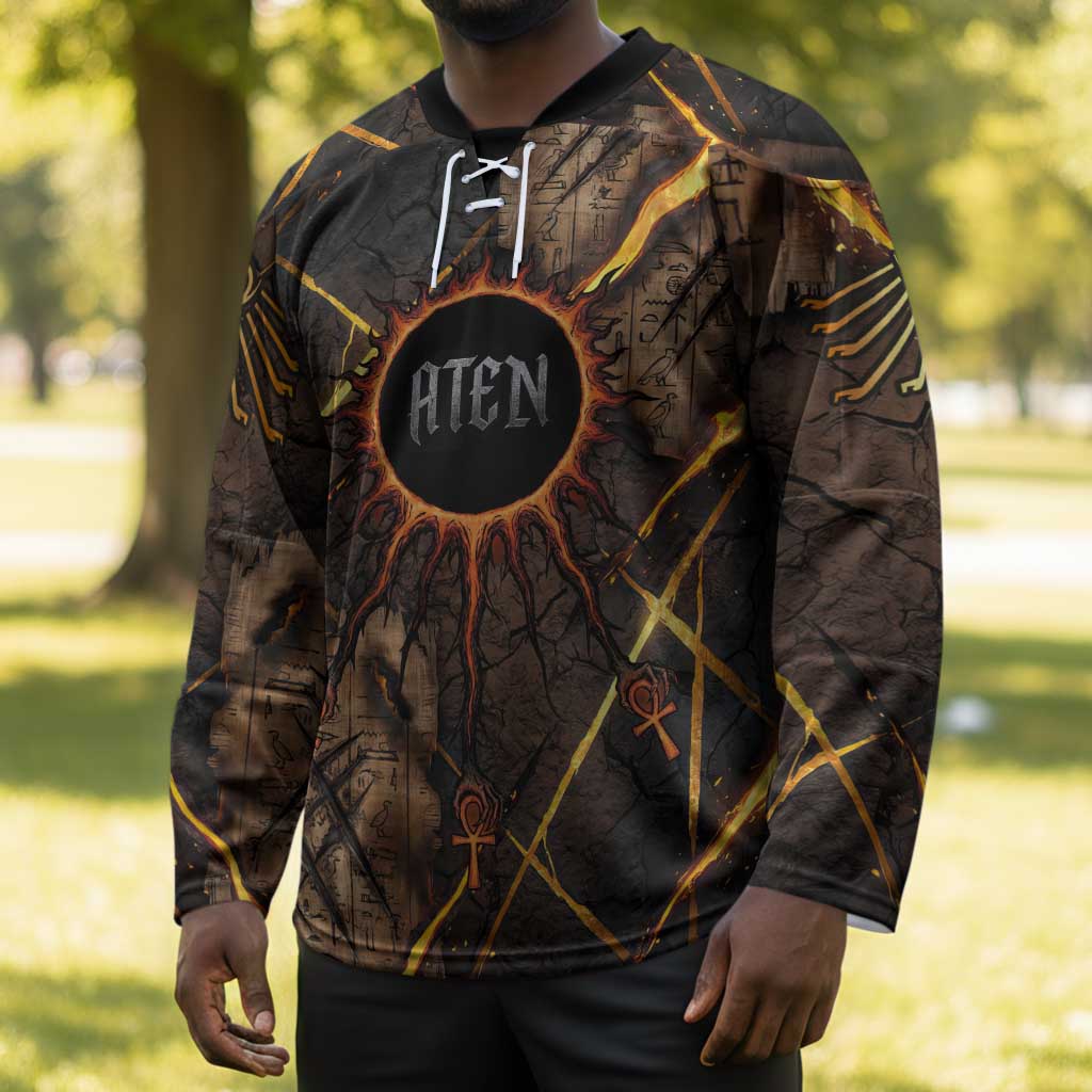 Aten Hockey Jersey Ancient Egyptian Cracked Stone Hieroglyph, Solar Eclipse Emblem, and Radiant Sunburst - African Pride