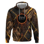 Aten Hoodie Ancient Egyptian Cracked Stone Hieroglyph, Solar Eclipse Emblem, and Radiant Sunburst - African Pride