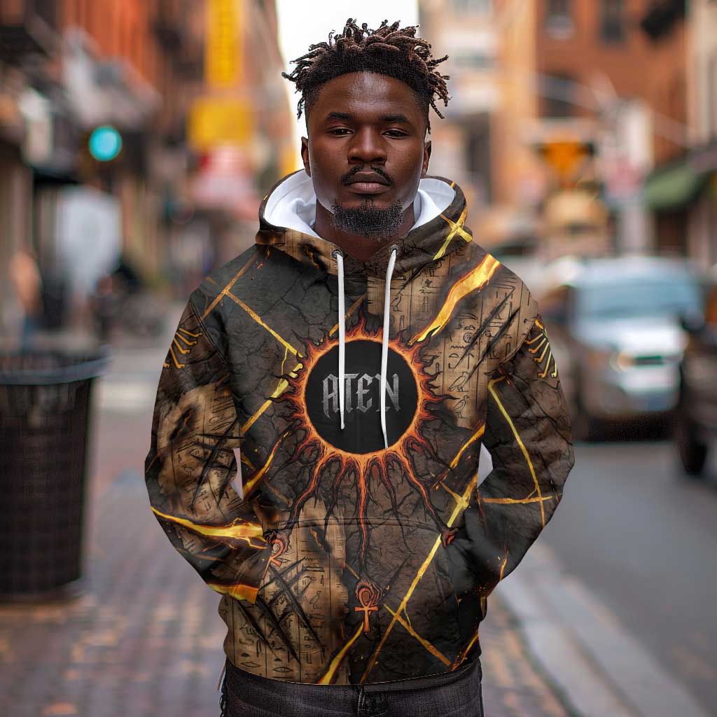 Aten Hoodie Ancient Egyptian Cracked Stone Hieroglyph, Solar Eclipse Emblem, and Radiant Sunburst - African Pride