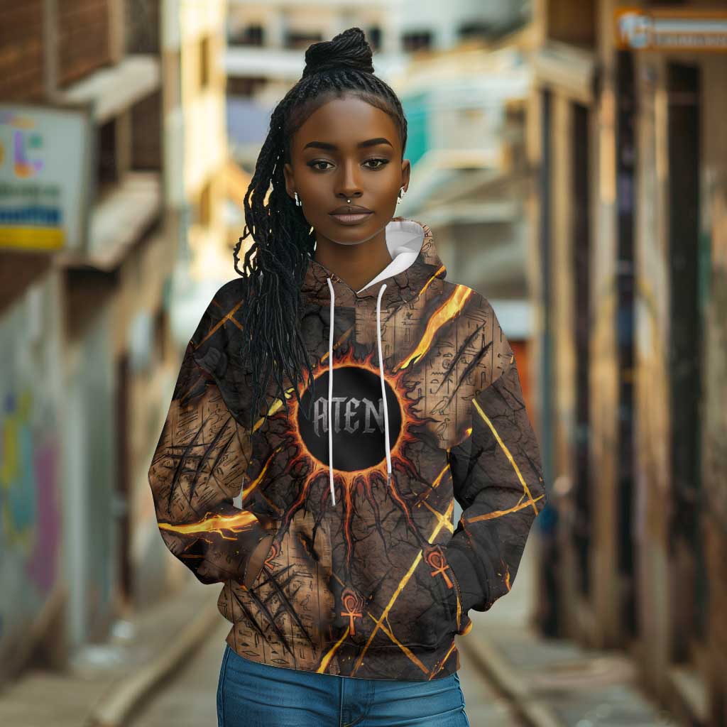 Aten Hoodie Ancient Egyptian Cracked Stone Hieroglyph, Solar Eclipse Emblem, and Radiant Sunburst - African Pride
