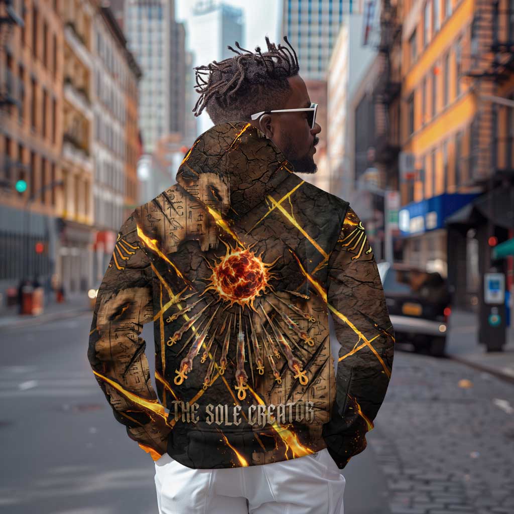 Aten Hoodie Ancient Egyptian Cracked Stone Hieroglyph, Solar Eclipse Emblem, and Radiant Sunburst - African Pride
