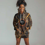 Aten Hoodie Dress Ancient Egyptian Cracked Stone Hieroglyph, Solar Eclipse Emblem, and Radiant Sunburst - African Pride