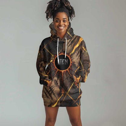 Aten Hoodie Dress Ancient Egyptian Cracked Stone Hieroglyph, Solar Eclipse Emblem, and Radiant Sunburst - African Pride