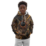 Aten Kid Hoodie Ancient Egyptian Cracked Stone Hieroglyph, Solar Eclipse Emblem, and Radiant Sunburst - African Pride