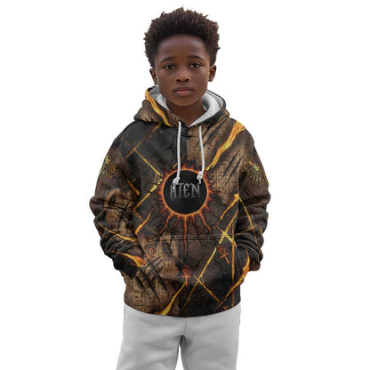 Aten Kid Hoodie Ancient Egyptian Cracked Stone Hieroglyph, Solar Eclipse Emblem, and Radiant Sunburst - African Pride