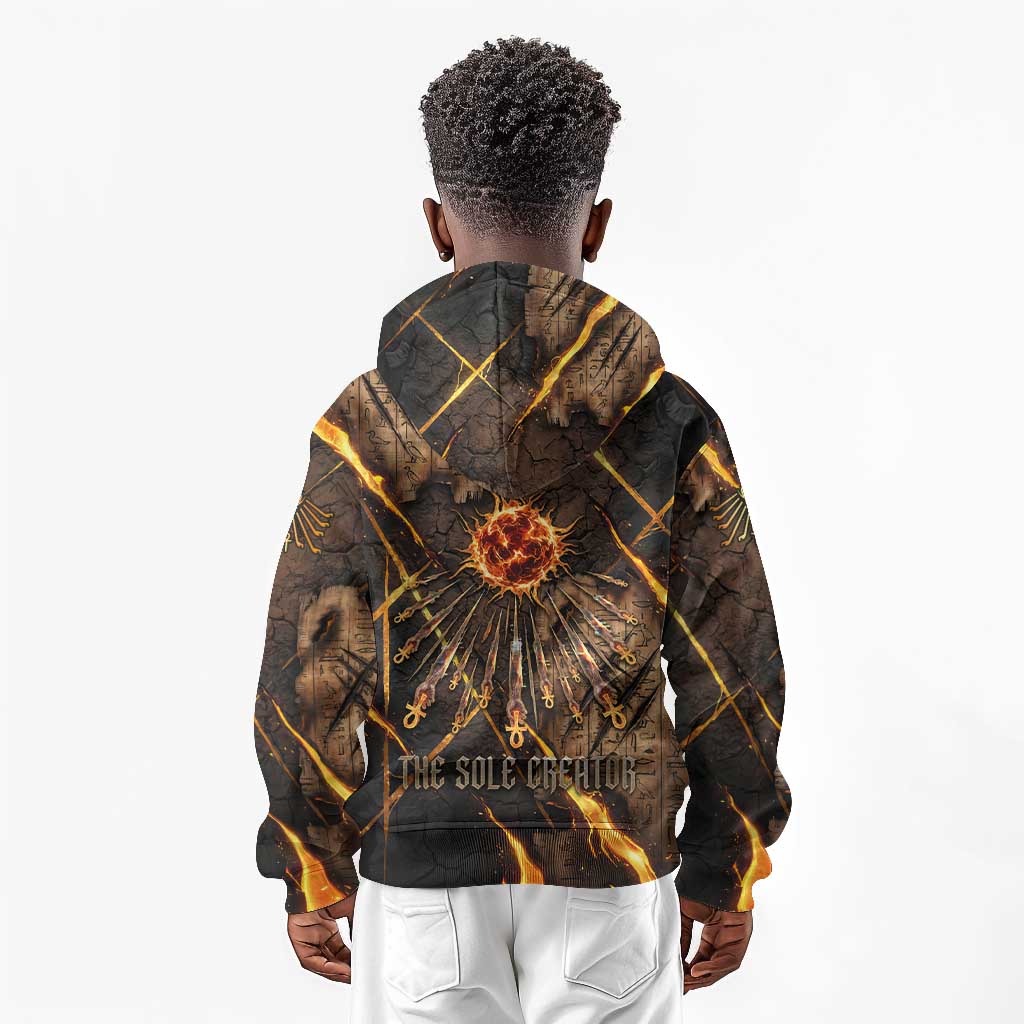 Aten Kid Hoodie Ancient Egyptian Cracked Stone Hieroglyph, Solar Eclipse Emblem, and Radiant Sunburst - African Pride