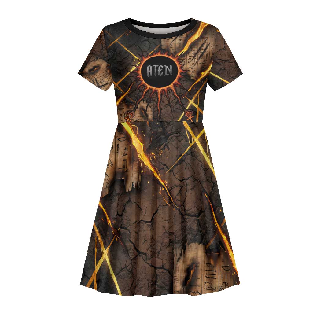 Aten Kid Short Sleeve Dress Ancient Egyptian Cracked Stone Hieroglyph, Solar Eclipse Emblem, and Radiant Sunburst - African Pride