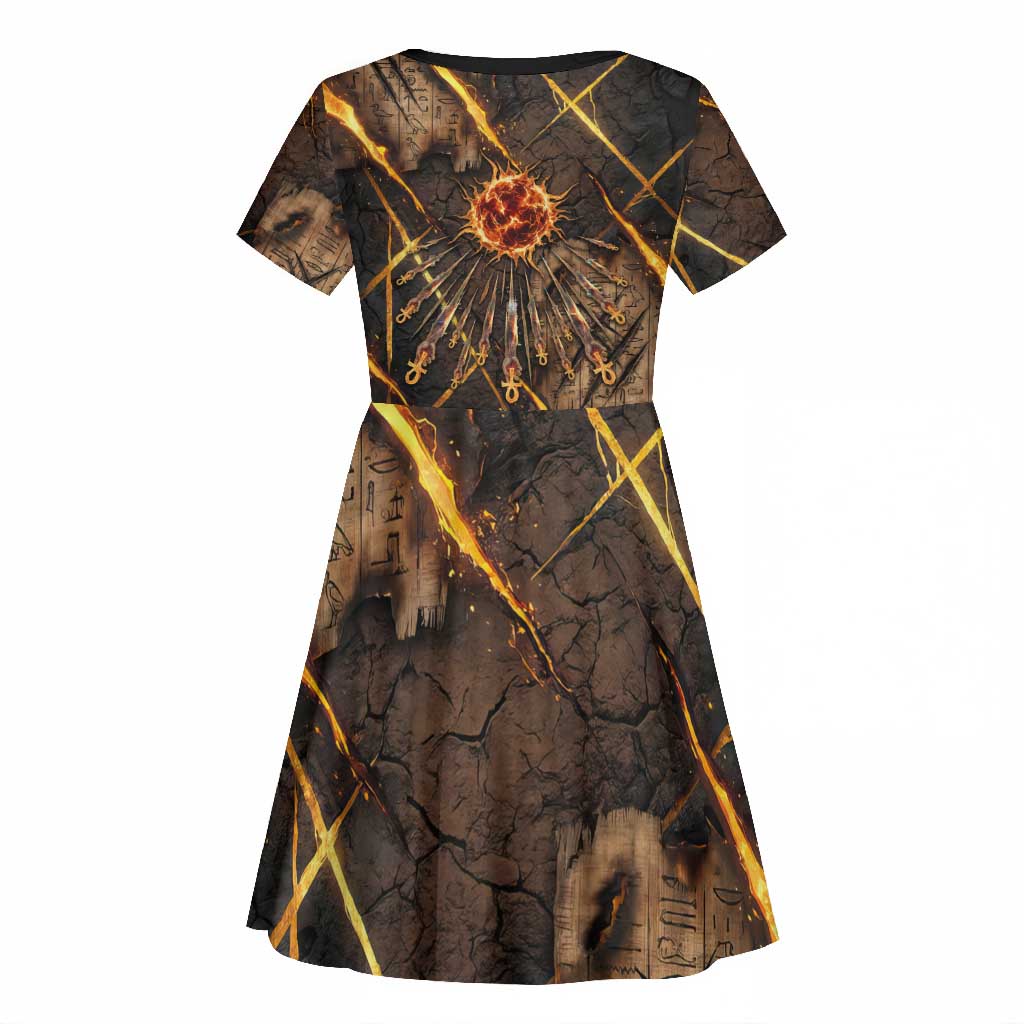 Aten Kid Short Sleeve Dress Ancient Egyptian Cracked Stone Hieroglyph, Solar Eclipse Emblem, and Radiant Sunburst - African Pride