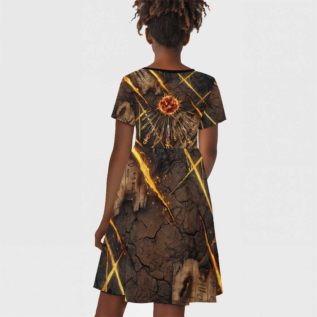 Aten Kid Short Sleeve Dress Ancient Egyptian Cracked Stone Hieroglyph, Solar Eclipse Emblem, and Radiant Sunburst - African Pride