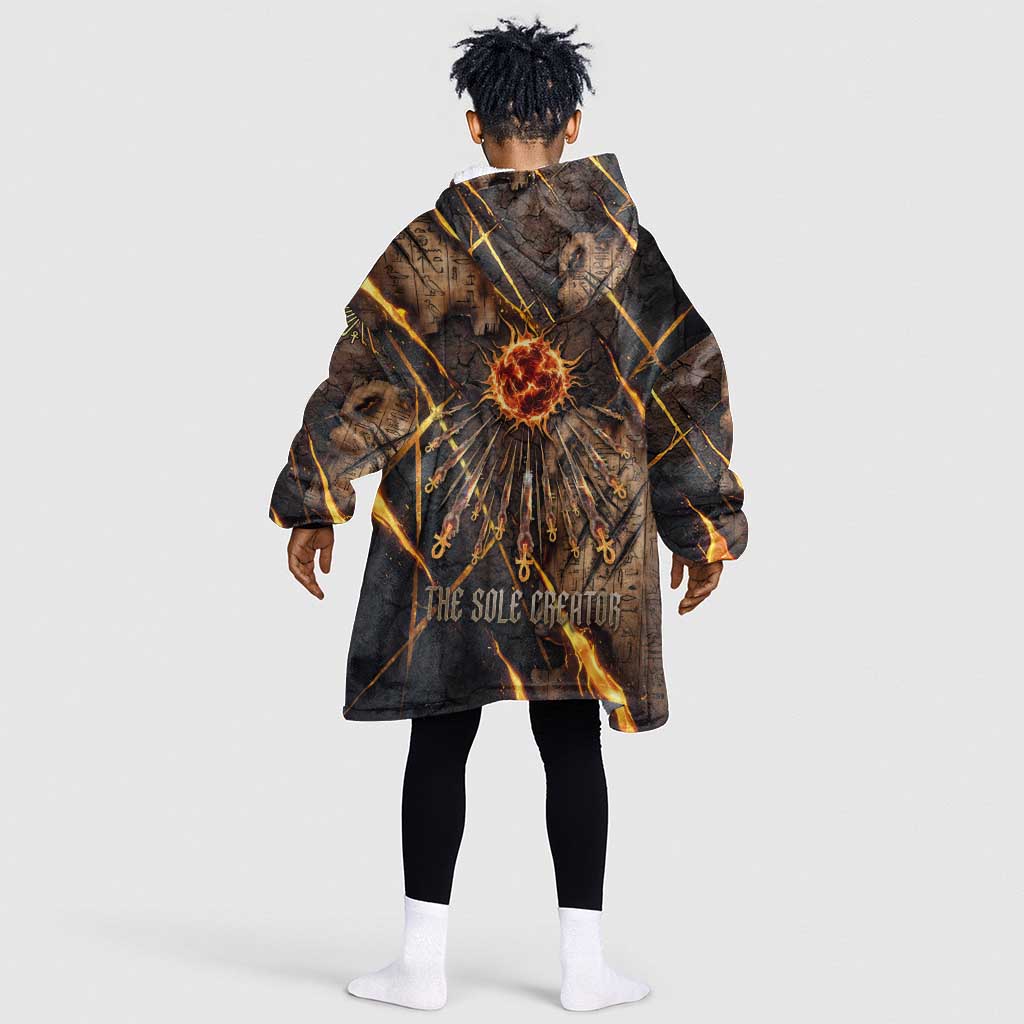Aten Kid Wearable Blanket Hoodie Ancient Egyptian Cracked Stone Hieroglyph, Solar Eclipse Emblem, and Radiant Sunburst - African Pride