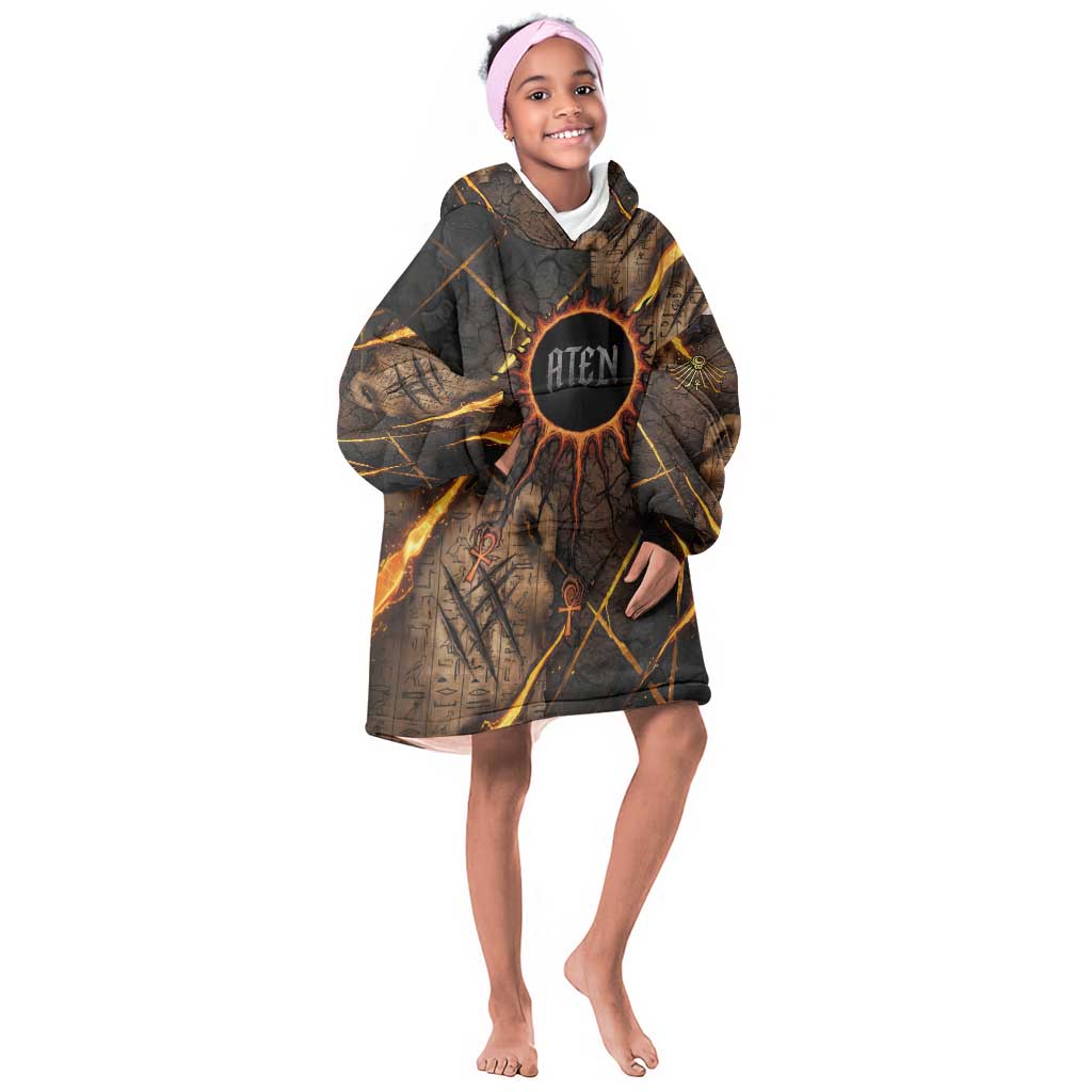 Aten Kid Wearable Blanket Hoodie Ancient Egyptian Cracked Stone Hieroglyph, Solar Eclipse Emblem, and Radiant Sunburst - African Pride