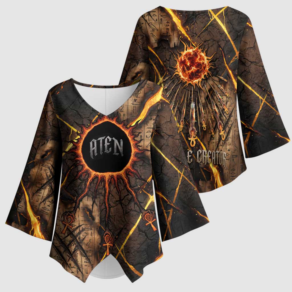 Aten Kimono Sleeve Blouse Ancient Egyptian Cracked Stone Hieroglyph, Solar Eclipse Emblem, and Radiant Sunburst - African Pride