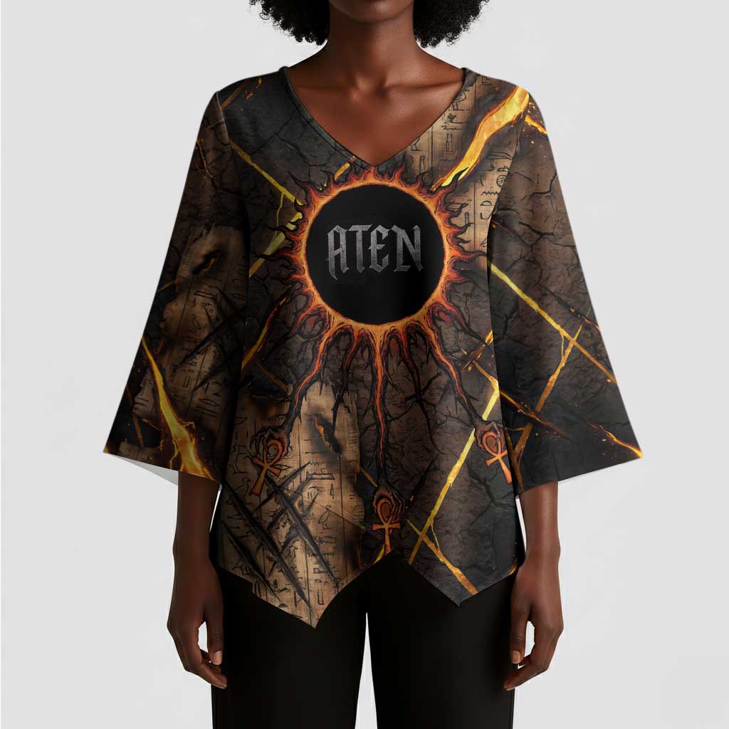 Aten Kimono Sleeve Blouse Ancient Egyptian Cracked Stone Hieroglyph, Solar Eclipse Emblem, and Radiant Sunburst - African Pride