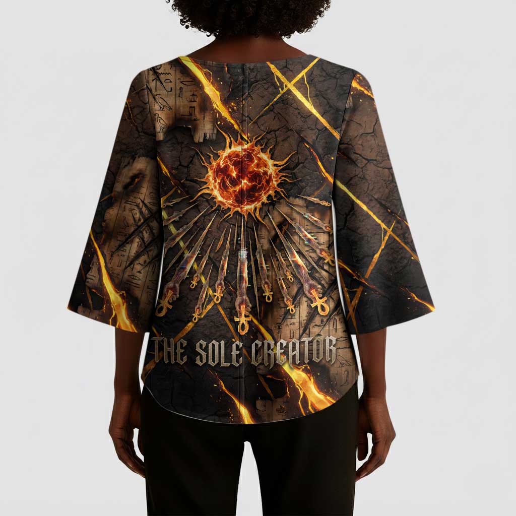 Aten Kimono Sleeve Blouse Ancient Egyptian Cracked Stone Hieroglyph, Solar Eclipse Emblem, and Radiant Sunburst - African Pride