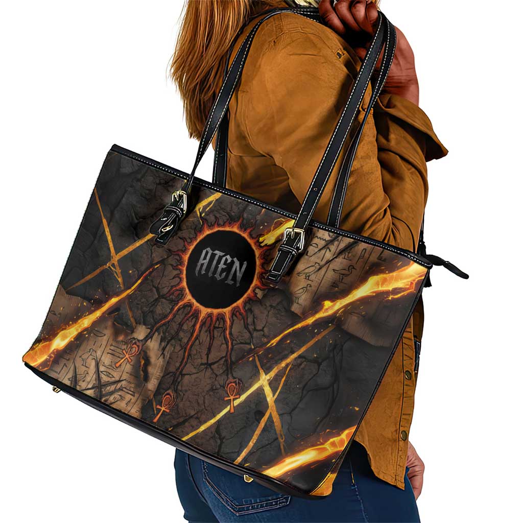 Aten Leather Tote Bag Ancient Egyptian Cracked Stone Hieroglyph, Solar Eclipse Emblem, and Radiant Sunburst - African Pride