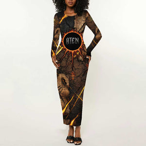 Aten Long Sleeve Bodycon Dress Ancient Egyptian Cracked Stone Hieroglyph, Solar Eclipse Emblem, and Radiant Sunburst - African Pride