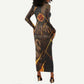 Aten Long Sleeve Bodycon Dress Ancient Egyptian Cracked Stone Hieroglyph, Solar Eclipse Emblem, and Radiant Sunburst - African Pride