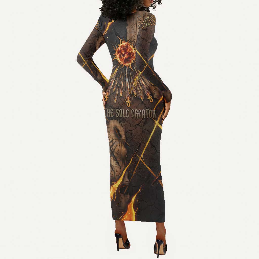 Aten Long Sleeve Bodycon Dress Ancient Egyptian Cracked Stone Hieroglyph, Solar Eclipse Emblem, and Radiant Sunburst - African Pride