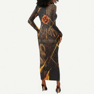 Aten Long Sleeve Bodycon Dress Ancient Egyptian Cracked Stone Hieroglyph, Solar Eclipse Emblem, and Radiant Sunburst - African Pride