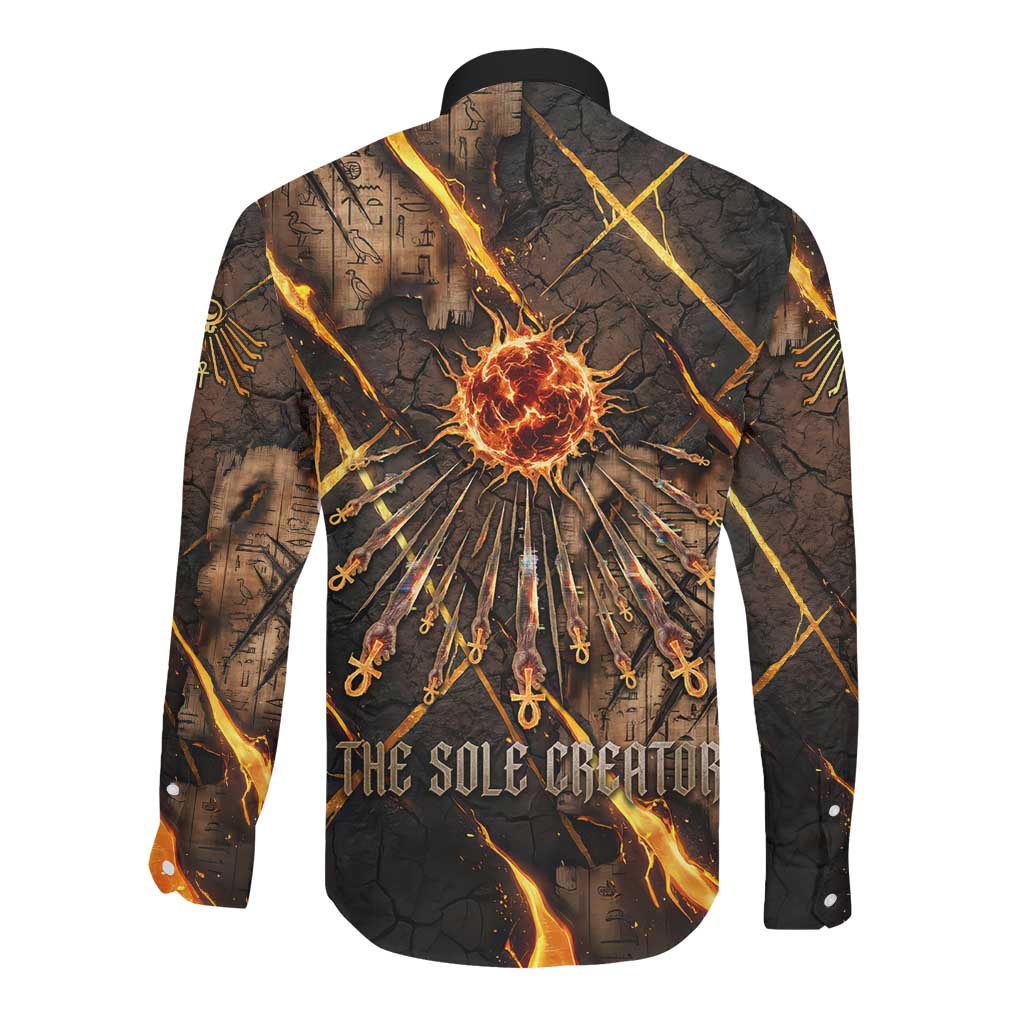 Aten Long Sleeve Button Shirt Ancient Egyptian Cracked Stone Hieroglyph, Solar Eclipse Emblem, and Radiant Sunburst - African Pride