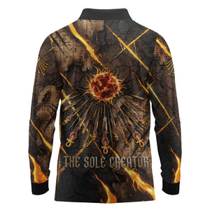 Aten Long Sleeve Polo Shirt Ancient Egyptian Cracked Stone Hieroglyph, Solar Eclipse Emblem, and Radiant Sunburst - African Pride