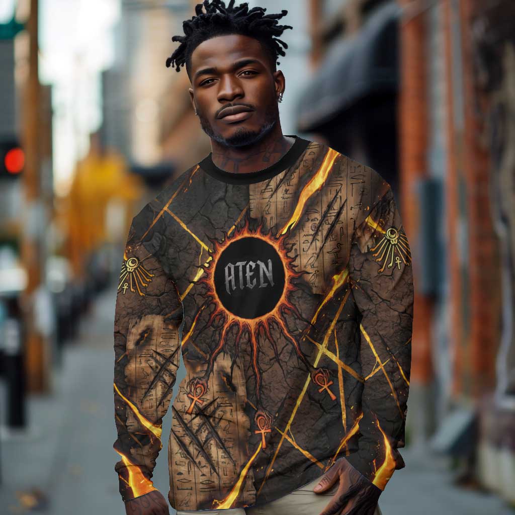 Aten Long Sleeve Shirt Ancient Egyptian Cracked Stone Hieroglyph, Solar Eclipse Emblem, and Radiant Sunburst - African Pride