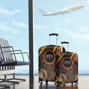 Aten Luggage Cover Ancient Egyptian Cracked Stone Hieroglyph, Solar Eclipse Emblem, and Radiant Sunburst - African Pride