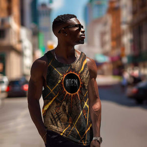 Aten Men Tank Top Ancient Egyptian Cracked Stone Hieroglyph, Solar Eclipse Emblem, and Radiant Sunburst - African Pride