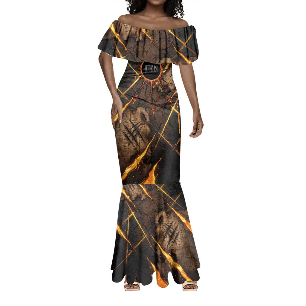 Aten Mermaid Dress Ancient Egyptian Cracked Stone Hieroglyph, Solar Eclipse Emblem, and Radiant Sunburst - African Pride