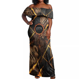 Aten Off Shoulder Maxi Dress Ancient Egyptian Cracked Stone Hieroglyph, Solar Eclipse Emblem, and Radiant Sunburst - African Pride