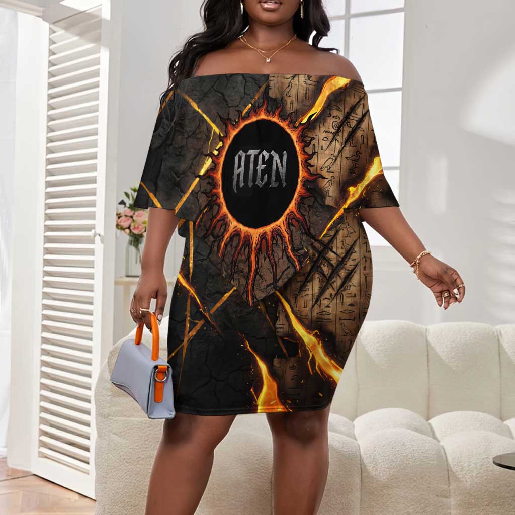 Aten Off Shoulder Short Dress Ancient Egyptian Cracked Stone Hieroglyph, Solar Eclipse Emblem, and Radiant Sunburst - African Pride
