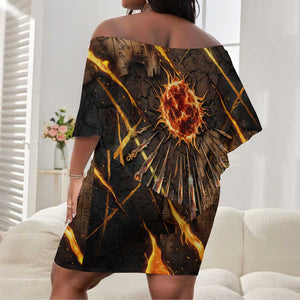Aten Off Shoulder Short Dress Ancient Egyptian Cracked Stone Hieroglyph, Solar Eclipse Emblem, and Radiant Sunburst - African Pride