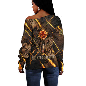 Aten Off Shoulder Sweater Ancient Egyptian Cracked Stone Hieroglyph, Solar Eclipse Emblem, and Radiant Sunburst - African Pride