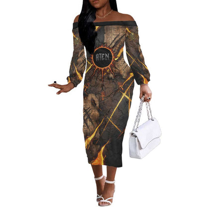 Aten Off The Shoulder Long Sleeve Dress Ancient Egyptian Cracked Stone Hieroglyph, Solar Eclipse Emblem, and Radiant Sunburst - African Pride