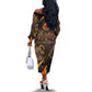 Aten Off The Shoulder Long Sleeve Dress Ancient Egyptian Cracked Stone Hieroglyph, Solar Eclipse Emblem, and Radiant Sunburst - African Pride
