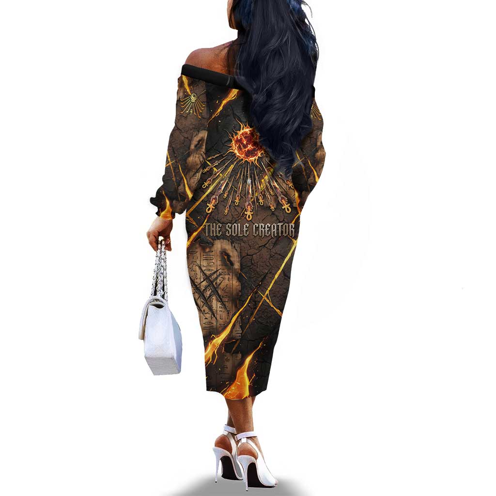 Aten Off The Shoulder Long Sleeve Dress Ancient Egyptian Cracked Stone Hieroglyph, Solar Eclipse Emblem, and Radiant Sunburst - African Pride
