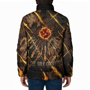 Aten Padded Jacket Ancient Egyptian Cracked Stone Hieroglyph, Solar Eclipse Emblem, and Radiant Sunburst - African Pride