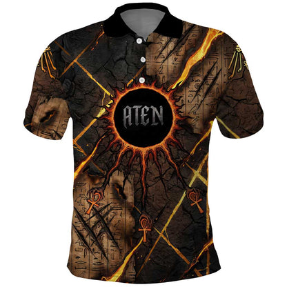 Aten Polo Shirt Ancient Egyptian Cracked Stone Hieroglyph, Solar Eclipse Emblem, and Radiant Sunburst - African Pride