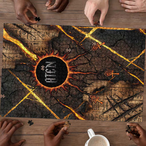 Aten Puzzle Ancient Egyptian Cracked Stone Hieroglyph, Solar Eclipse Emblem, and Radiant Sunburst - African Pride