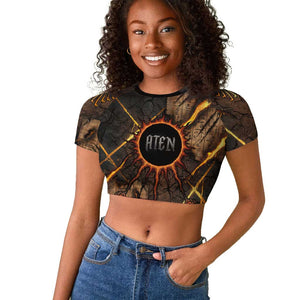 Aten Raglan Cropped T shirt Ancient Egyptian Cracked Stone Hieroglyph, Solar Eclipse Emblem, and Radiant Sunburst - African Pride