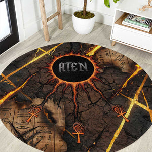 Aten Round Carpet Ancient Egyptian Cracked Stone Hieroglyph, Solar Eclipse Emblem, and Radiant Sunburst - African Pride