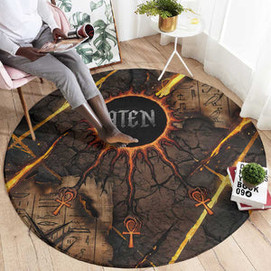 Aten Round Carpet Ancient Egyptian Cracked Stone Hieroglyph, Solar Eclipse Emblem, and Radiant Sunburst - African Pride