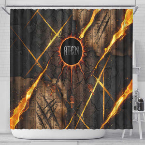Aten Shower Curtain Ancient Egyptian Cracked Stone Hieroglyph, Solar Eclipse Emblem, and Radiant Sunburst - African Pride