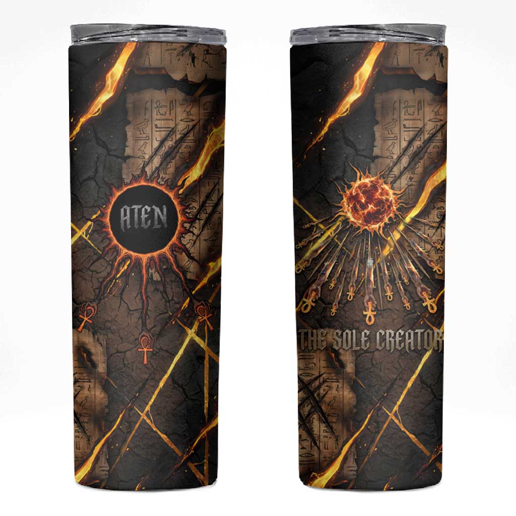 Aten Skinny Tumbler Ancient Egyptian Cracked Stone Hieroglyph, Solar Eclipse Emblem, and Radiant Sunburst - African Pride